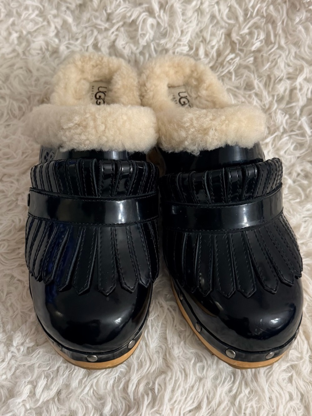 UGG Vintage Kiltie Black Leather Y2K Studded Clogs With Removeable Kilt Size 9